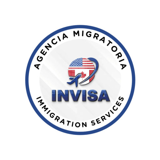 The design features a circular logo that prominently displays the text "IMMIGRATION AGENCY" at the top and "IMMIGRATION SERVICES" at the bottom. At the center of the logo is a globe adorned with the flags of the United States and Canada, encircled by an arrow. Additionally, the acronym "INVISA" is presented in blue, symbolizing comprehensive services related to visas and immigration needs.