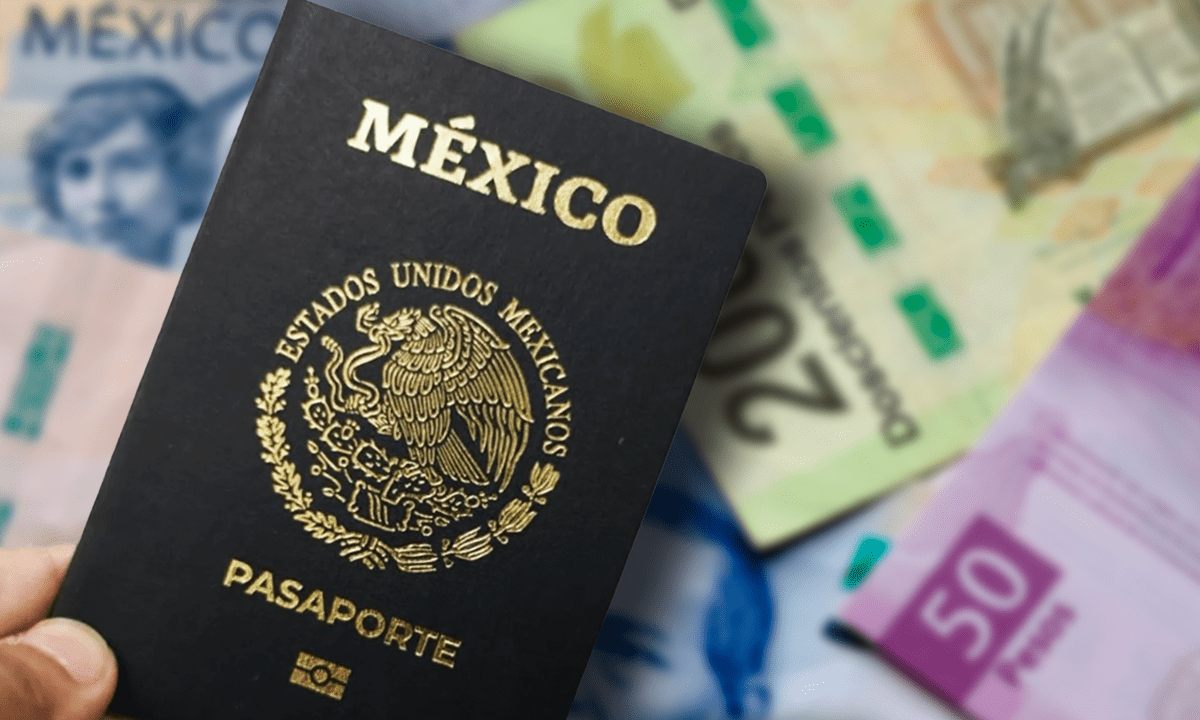 A close-up view features a hand grasping a Mexican passport, with an array of Mexican banknotes, including denominations of 20 and 50 pesos, visible in the background. The focus is primarily on the passport, which displays the Mexican coat of arms along with the word "México" embossed in gold lettering, making it an ideal image for individuals seeking immigration advice.