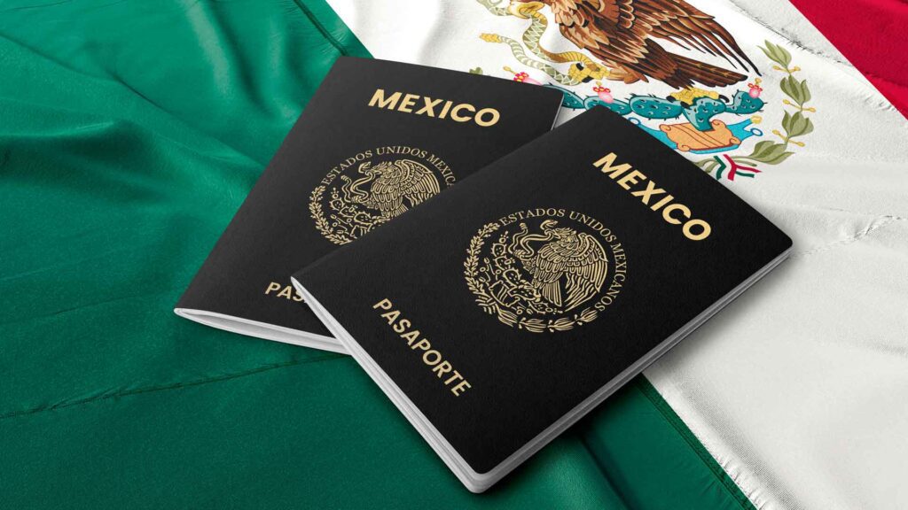 1. In the background, the Mexican flag is prominently displayed alongside two black-covered Mexican passports, each adorned with the national emblem and the word "MÉXICO." The title "PASAPORTE" is printed at the bottom of each passport. For assistance, individuals are encouraged to contact their local immigration agency to receive expert immigration advice.